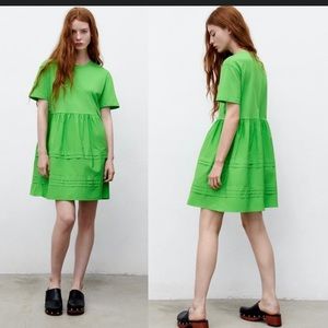 ZARA GREEN PLEATED BABY DOLL STYLE BLOGGERS FAV MINI DRESS SMALL